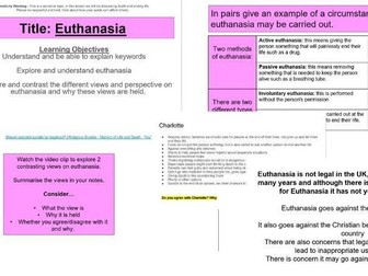 2 lessons Euthanasia - Prolife, prochoice, arguments in favour and against, law on euthanasia and religious views on euthanasia.
