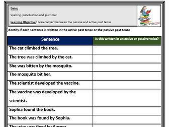 Active and passive voice SPAG KS2 KS3 year 5 year 6 year 7worksheet SATs practice