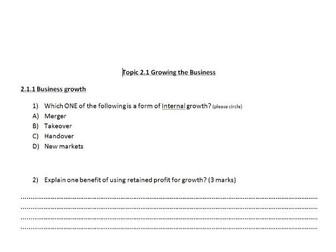 Edexcel GCSE Business 9-1 Theme 2: Topic 2.1 Exam style Questions and Mark Scheme