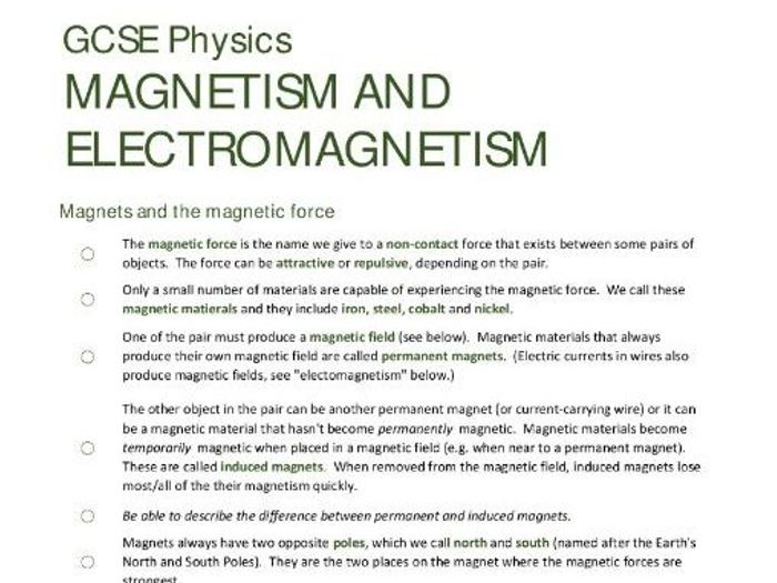 MAGNETISM & ELECTROMAGNETISM Unit Summary/checklist For AQA GCSE ...