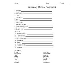 Veterinary Medical Equipment Word Scramble for Vet. Science Students