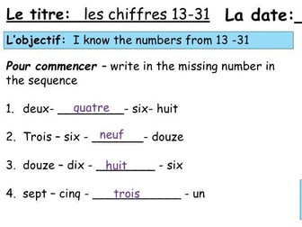 Numbers 13-31 Year 7 French 1 lesson