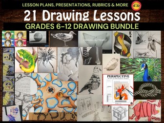 21 Fun Drawing Lesson Bundle, Middle School & High School Visual Art Bundle