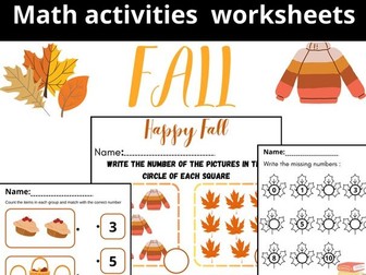 November Fall math worksheets toddlers,kindergarten autumn, numbers counting
