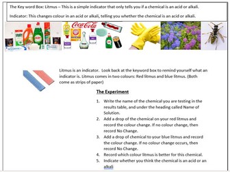 Year 7 booklet on Acids and Alkalis with experiments and songs