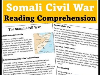 Somali Civil War Reading Comprehension Lesson- Worksheets and Blank Map Activity