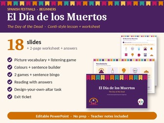 Día de los Muertos Conti-Style Spanish Lessons (x2) for S1/2, Y7/8 + Worksheet