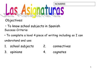 School subjects Spanish - complete lesson and homework/worksheet