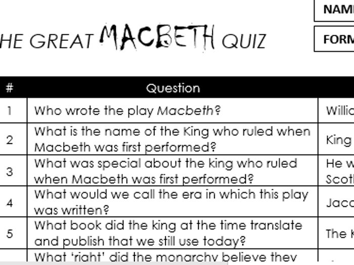 GCSE Macbeth 75 Question Quiz | Teaching Resources