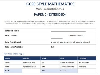 IGCSE-Style Mathematics – Mock Examination Paper 2 (Extended) | Non-Calculator & Calculator Sections