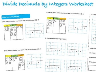 Decimals Worksheet - Divide Decimals by Integers