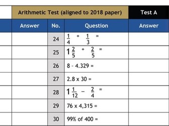 Year 6 Arithmetic Aligned to 2018 Paper - Tests A, B & C