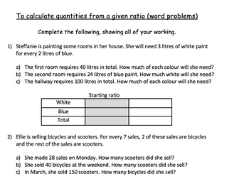 Calculating quantities using ratio (set of worksheets)