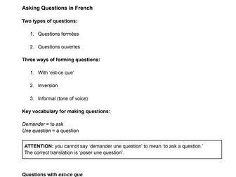 Asking Questions in French Worksheet