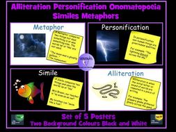 Figurative Language Posters - Simile, Personification, Metaphor, Alliteration and Onomatopoeia