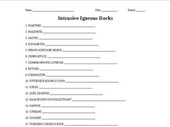 Intrusive Igneous Rocks Word Scramble for Geology Students