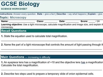 AQA GCSE Biology Microscopy Worksheet with Answers | Magnification, Resolution & Practical Skills
