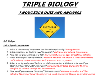 AQA TRIPLE/SEPARATE BIOLOGY KNOWLEDGE QUIZZES AND ANSWERS MEMORY RETRIEVAL  REVISION