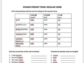 SPANISH REGULAR PRESENT TENSE WORKSHEET