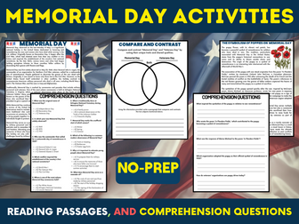 Memorial Day Reading and Activities Puzzles for middle and high school Sub Plans