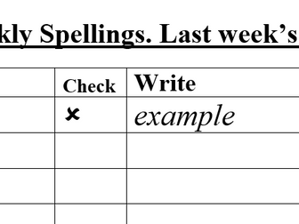 Weekly spellings homework sheet LOOK COVER WRITE CHECK