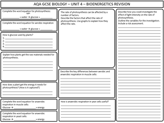AQA GCSE Biology - Bioenergetics - Revision Worksheet