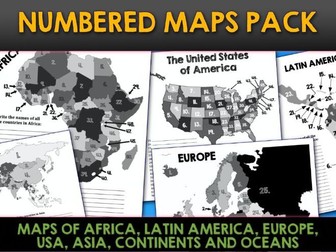 Numbered maps pack of Europe, Africa, Asia, USA, Latin America, South America and the continents