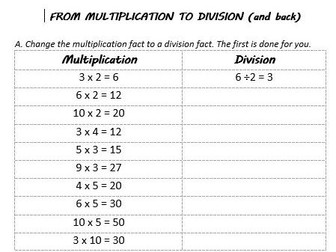 Multiplication to Division worksheets