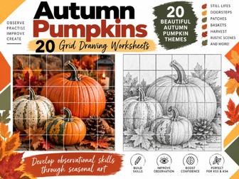 Autumn Pumpkins – 20 Grid Drawing Worksheets | Seasonal Art Activities | KS3 & KS4
