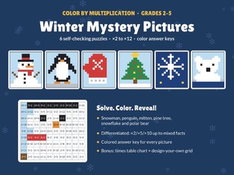 Winter Color by Number Multiplication Mystery Pictures | Times Tables x2 to x12 | Self-Checking
