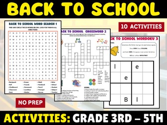 Back to School Crossword, Word Searches, Word Sudoku with Answers