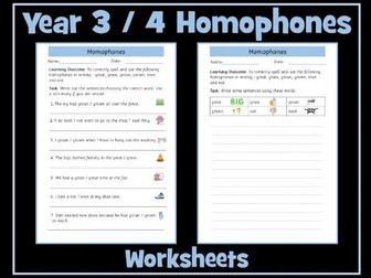 Year 3 and 4 Homophones Worksheets