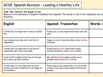 GCSE Spanish Healthy Living Worksheet