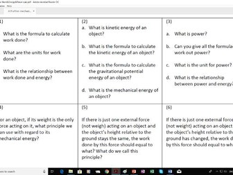 A level Year 1 Further Maths Mechanics on Work, Energy and Power (pair check on concepts and theory)