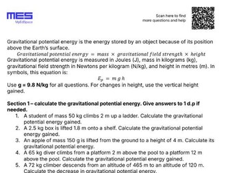 GCSE Physics AQA HT Topic 1: Energy - Gravitational Potential Energy Worksheet
