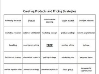 "Creating Products and Pricing Strategies" Bingo set for a Business Course