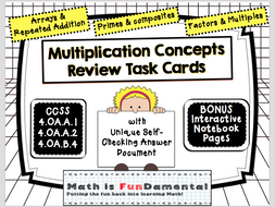 Multiplication Concepts Review Task Cards with Coded Answer Document