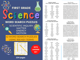 First Grade Science Word Search Puzzles: Scientific Inquiry, Matter, Energy, Motion
