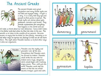 KS2 Ancient Greeks, Reading Task and Comprehensions with Vocab cards