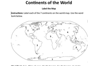 Continents of the World Map – Labeling Worksheet