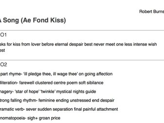 A*English Literature Student notes on A Song (Ae Fond Kiss) by Robert Burns