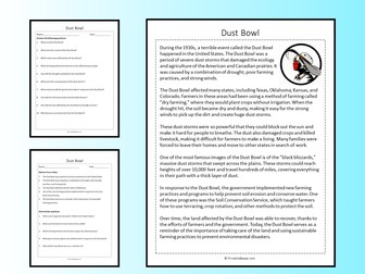 Dust Bowl Reading Comprehension Passage Printable Worksheet