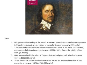 AQA A Level History Paper 1 Stuart Britain Past Exam Questions Pack