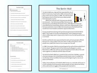 The Berlin Wall Reading Comprehension Passage Printable Worksheet