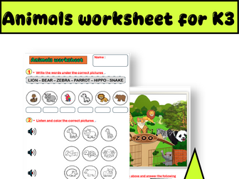 k3  animals worksheet Test " writing - comprehension- listening "