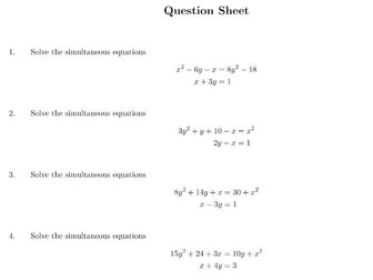 Simultaneous Equations One Linear One Quadratic Worksheets
