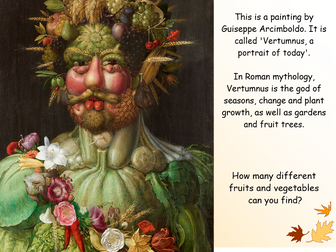 Harvest Art - Fruit faces based on famous painting Vertumnus by Guiseppe Arcimboldo