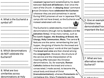 AQA A Christian Practices, History of the Eucharist guided read