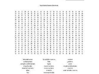 Nutritional Needs of Animals Word Search for an Ag. II Animal Science Course