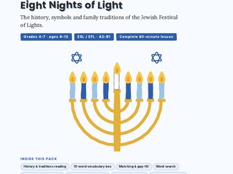 Hanukkah ESL Lesson | Reading, Dreidel Game & Welcome Card | Grades 4-7